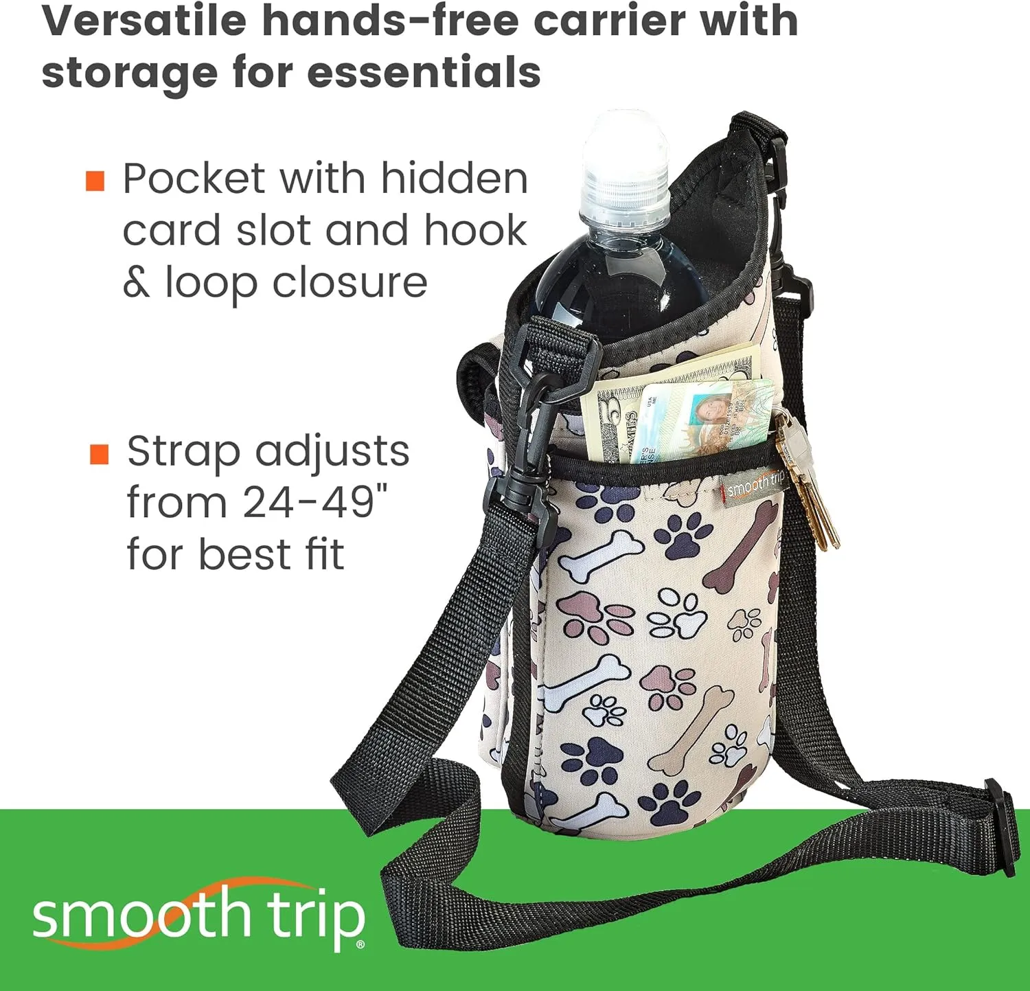 Smooth Trip AquaPockets Water Bottle Holder - Insulating Neoprene Sling Bag With Phone Pouch and Adjustable Strap for Walking and Hiking - Fits up to 32 oz. Bottles