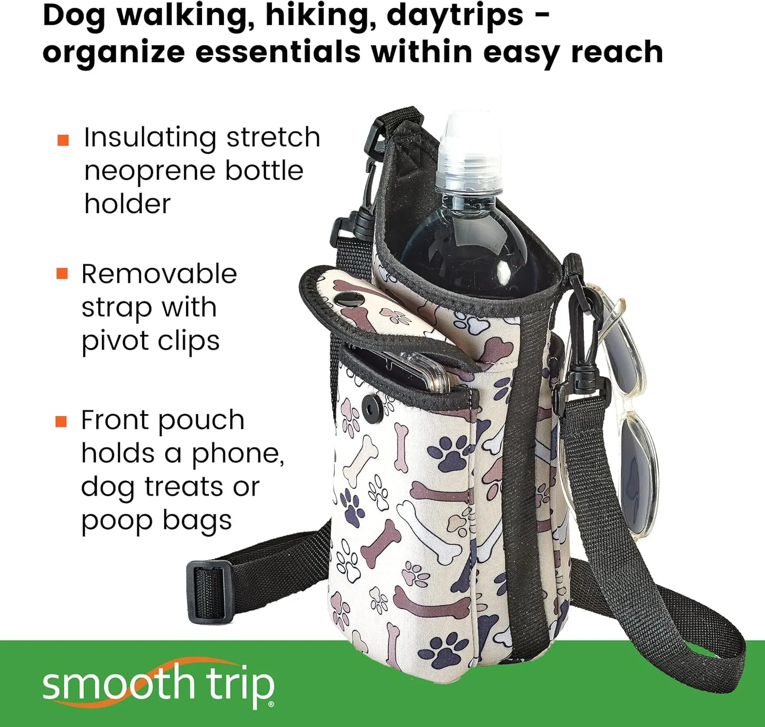 Smooth Trip AquaPockets Water Bottle Holder - Insulating Neoprene Sling Bag With Phone Pouch and Adjustable Strap for Walking and Hiking - Fits up to 32 oz. Bottles