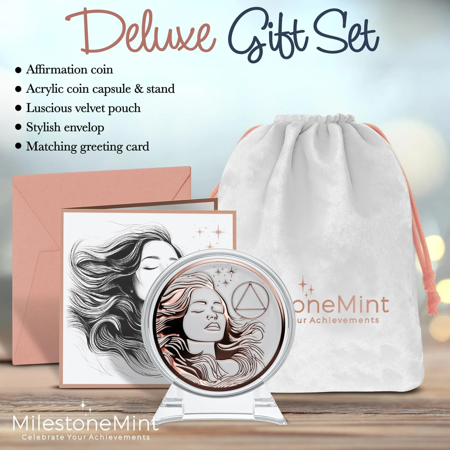 Sobriety Coin Gift Set | Woman's Serenity Token AA Chip Medallion with Capsule, Display Stand & Card | Sobriety Gifts for Women in Recovery for Anniversary Month & Year (Rose Gold)