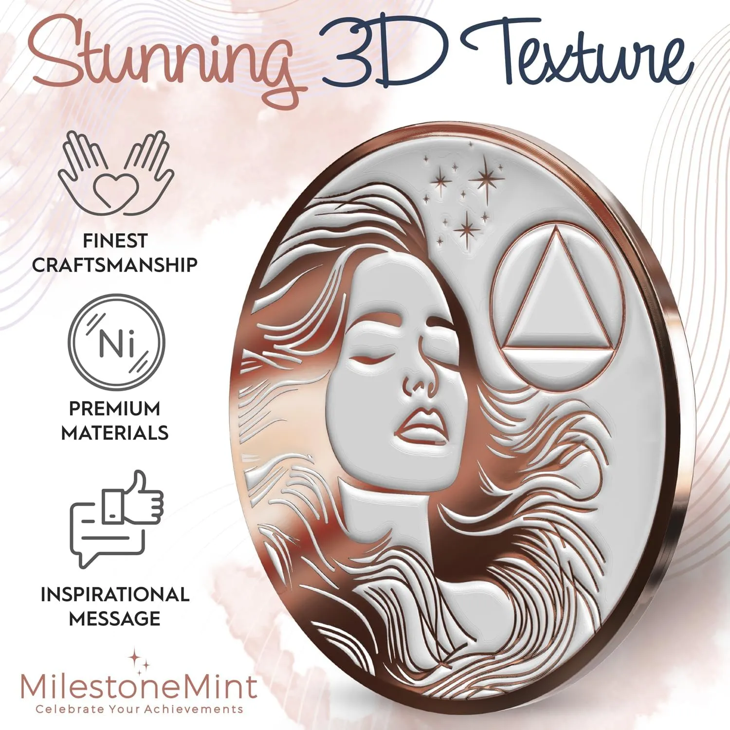 Sobriety Coin Gift Set | Woman's Serenity Token AA Chip Medallion with Capsule, Display Stand & Card | Sobriety Gifts for Women in Recovery for Anniversary Month & Year (Rose Gold)