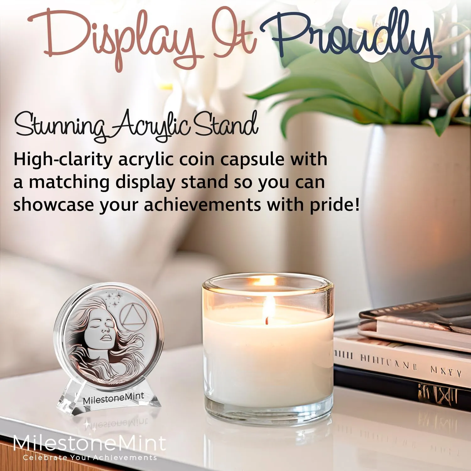 Sobriety Coin Gift Set | Woman's Serenity Token AA Chip Medallion with Capsule, Display Stand & Card | Sobriety Gifts for Women in Recovery for Anniversary Month & Year (Rose Gold)