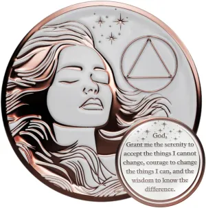 Sobriety Coin Gift Set | Woman's Serenity Token AA Chip Medallion with Capsule, Display Stand & Card | Sobriety Gifts for Women in Recovery for Anniversary Month & Year (Rose Gold)