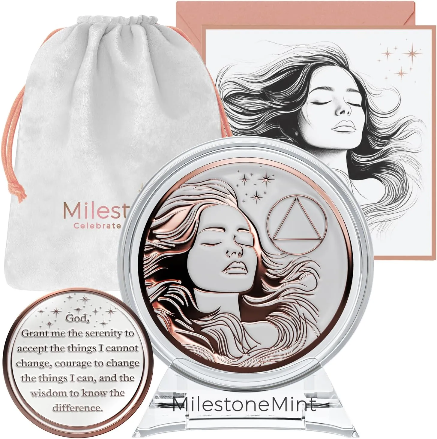 Sobriety Coin Gift Set | Woman's Serenity Token AA Chip Medallion with Capsule, Display Stand & Card | Sobriety Gifts for Women in Recovery for Anniversary Month & Year (Rose Gold)