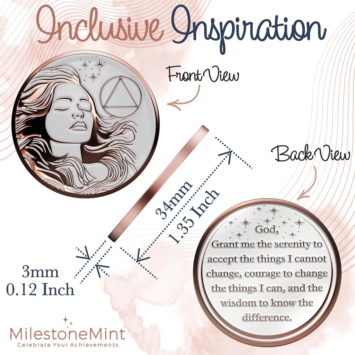 Sobriety Coin Gift Set | Woman's Serenity Token AA Chip Medallion with Capsule, Display Stand & Card | Sobriety Gifts for Women in Recovery for Anniversary Month & Year (Rose Gold)