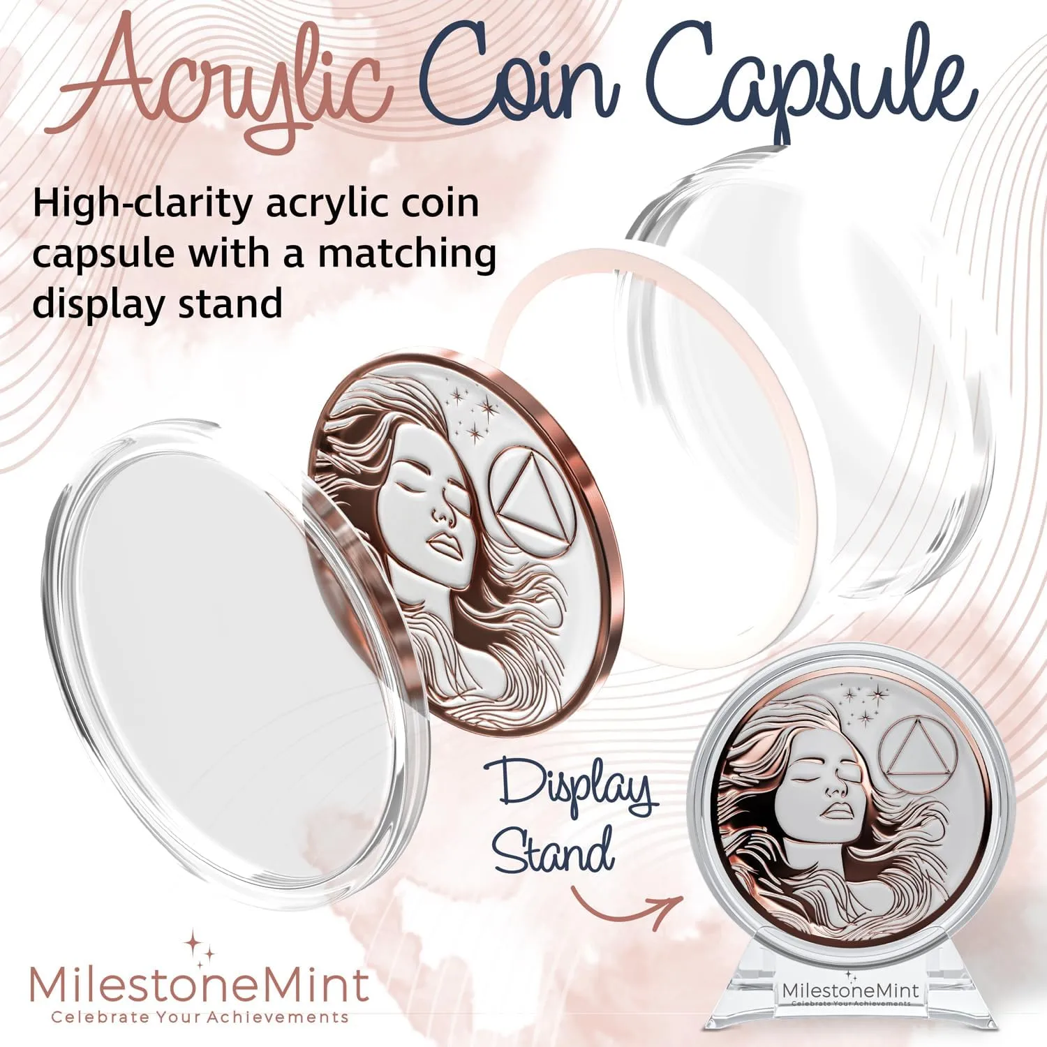 Sobriety Coin Gift Set | Woman's Serenity Token AA Chip Medallion with Capsule, Display Stand & Card | Sobriety Gifts for Women in Recovery for Anniversary Month & Year (Rose Gold)