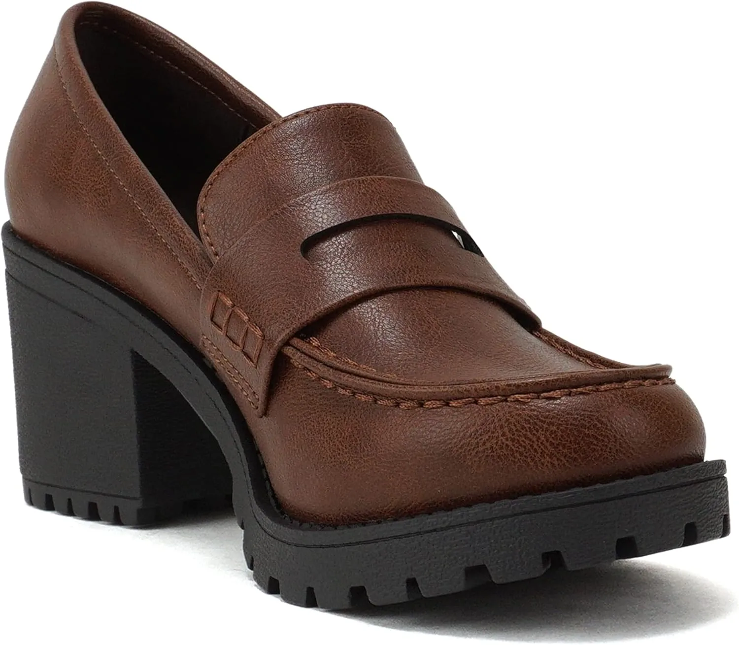 Soda “Kinder” ~ Women Slip On Chunky Mid Heel Lug Sole Penny Loafer Shoe
