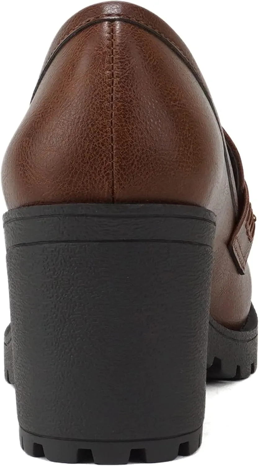 Soda “Kinder” ~ Women Slip On Chunky Mid Heel Lug Sole Penny Loafer Shoe