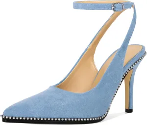 Soireelady Women Slingback High Heel Beaded Pumps Pointed Toe Stilettos Slip On Strappy Heels Ankle Strap Dress Pumps Shoes 3.5 Inches