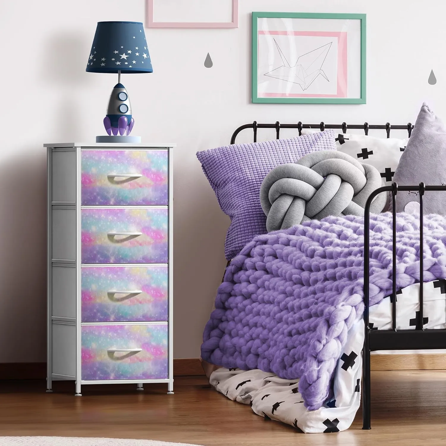 Sorbus Kids Dresser with 4 Drawers - Storage Chest Organizer Nightstand - Steel Frame, Wood Top, Tie-Dye Fabric Bins for Clothes - Wide Furniture for Bedroom, Hallway, Nursery, Closet, & Apartment