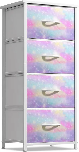 Sorbus Kids Dresser with 4 Drawers - Storage Chest Organizer Nightstand - Steel Frame, Wood Top, Tie-Dye Fabric Bins for Clothes - Wide Furniture for Bedroom, Hallway, Nursery, Closet, & Apartment
