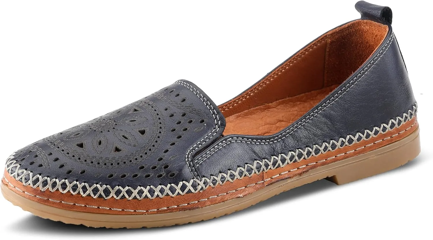 Spring Step Women's Ingrid Slip-On Premium Leather Loafers - Laser Cutout Design, Elastic Goring, Lightweight Flat Sole