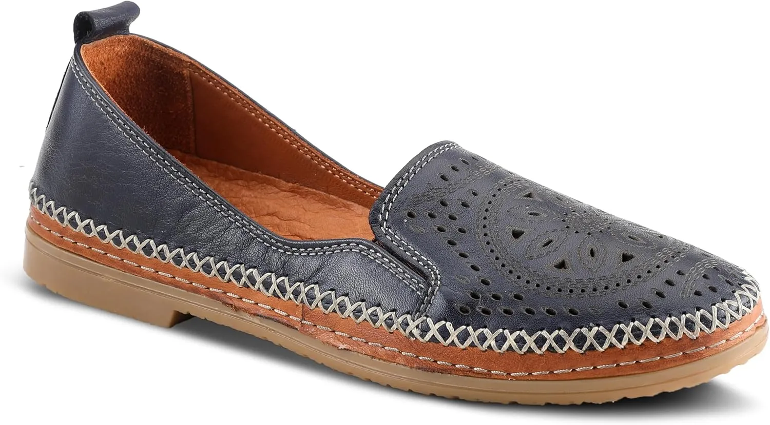 Spring Step Women's Ingrid Slip-On Premium Leather Loafers - Laser Cutout Design, Elastic Goring, Lightweight Flat Sole