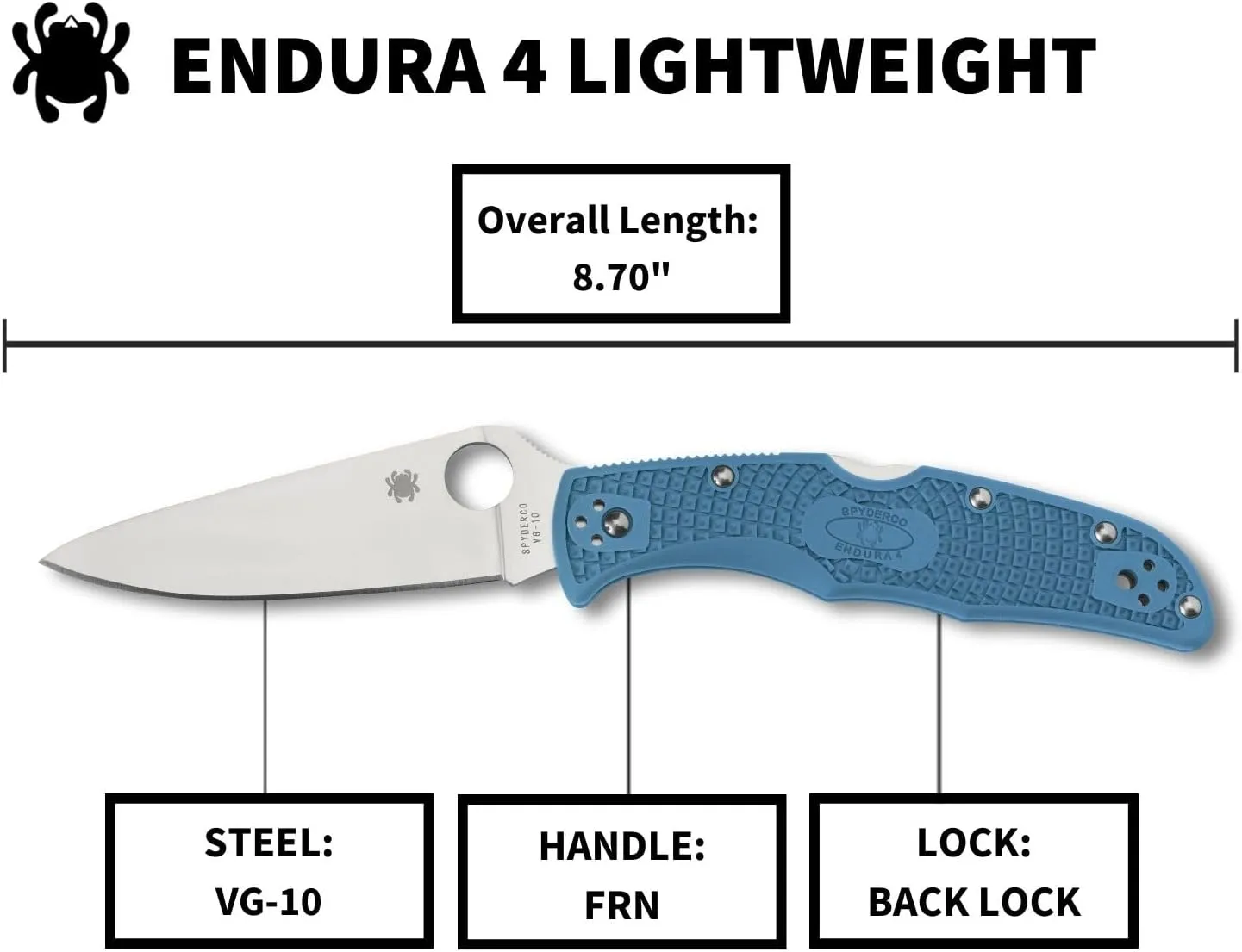 Spyderco Endura 4 Lightweight Signature Knife with 3.80" VG-10 Steel Blade and Blue FRN Handle - PlainEdge - C10FPBL