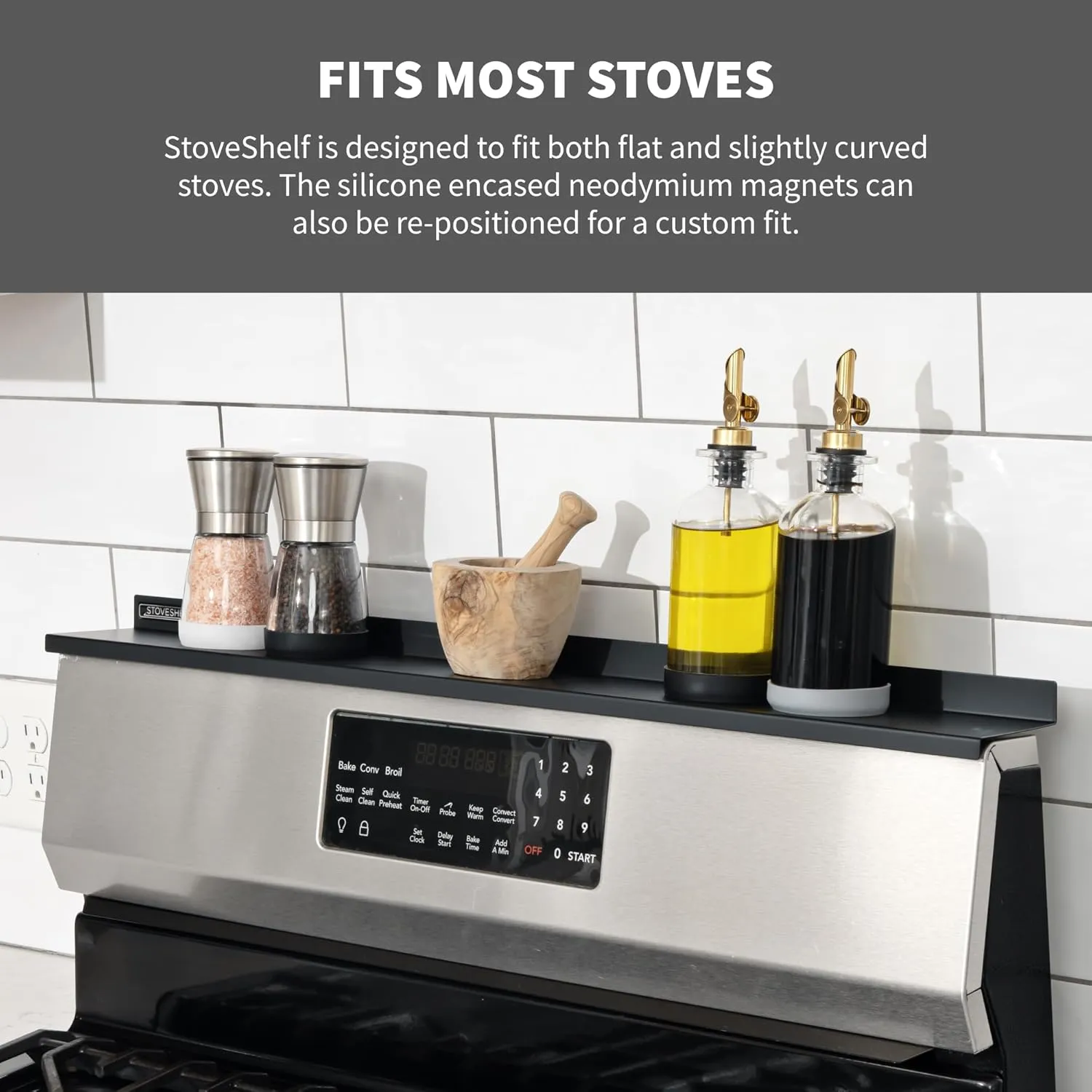 StoveShelf 30" Length Black Magnetic Shelf for Kitchen Stove - Kitchen Storage Solution with Zero Installation - Over Stove Spice Rack Organizer