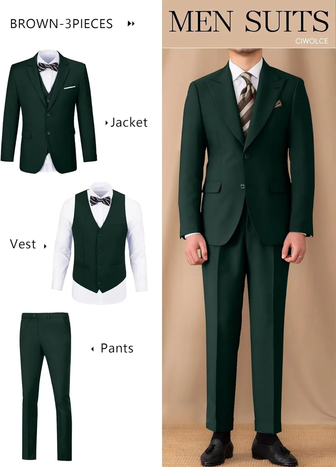 Suit for Men Wedding Slim Fit 3 Piece Set Blazer Jacket Vest Pants Tuxedo Suits for Groomsmen Business Prom Party Sport Coat