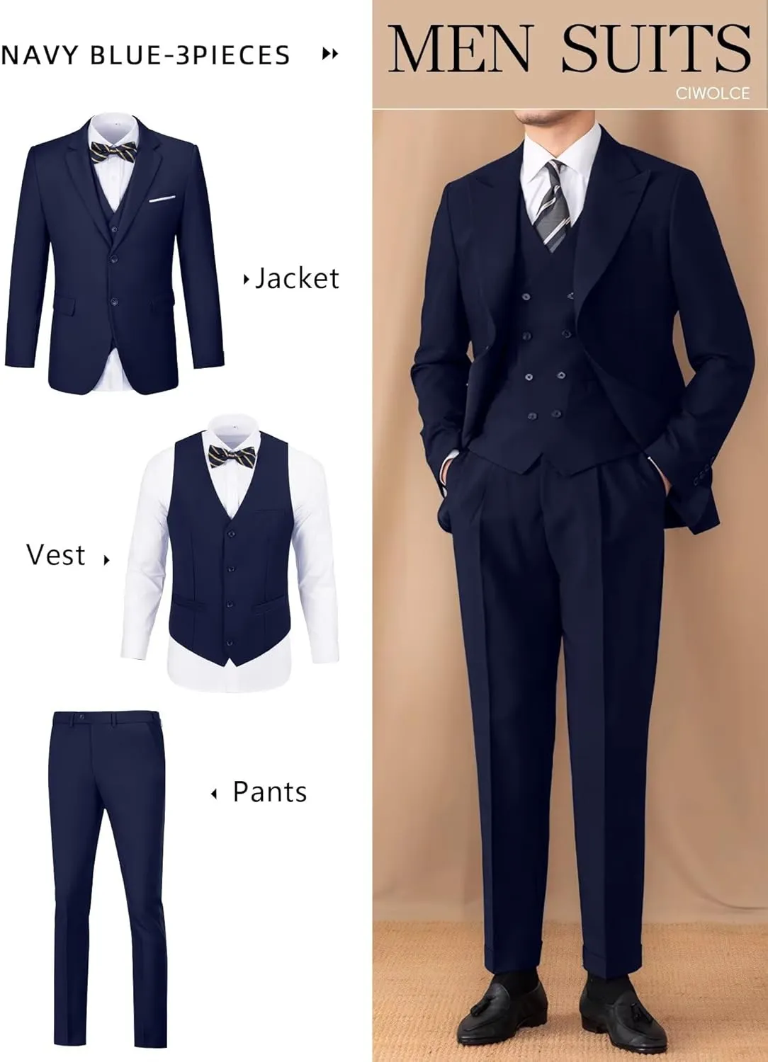 Suit for Men Wedding Slim Fit 3 Piece Set Blazer Jacket Vest Pants Tuxedo Suits for Groomsmen Business Prom Party Sport Coat