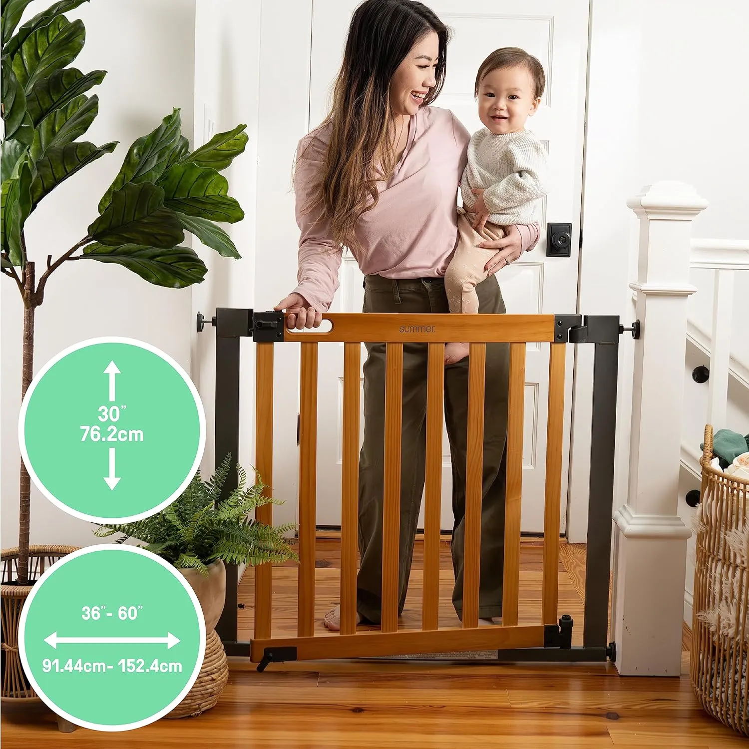 Summer Infant West End Extra Wide Safety Pet and Baby Gate, 36"-60" Wide, 30" Tall, Pressure or Hardware Mounted, Install Wall to Wall in Doorway, Auto Close Walk-Thru Door - Oak Wood and Metal