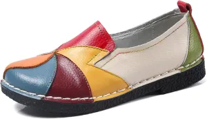 Sunporx Women's Comfortable Loafers Casual Multi Color Patchwork Stitching Leather Loafer Mocasines para Mujer Lady Soft Sole Flat Slip on Driving Walking Shoes