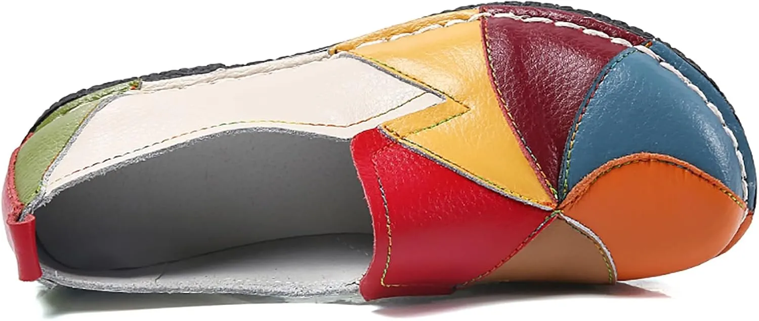 Sunporx Women's Comfortable Loafers Casual Multi Color Patchwork Stitching Leather Loafer Mocasines para Mujer Lady Soft Sole Flat Slip on Driving Walking Shoes