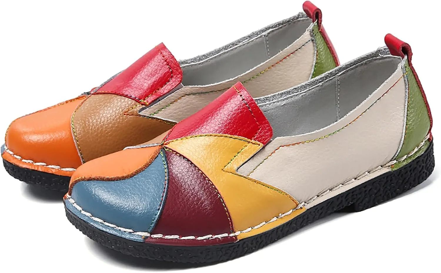 Sunporx Women's Comfortable Loafers Casual Multi Color Patchwork Stitching Leather Loafer Mocasines para Mujer Lady Soft Sole Flat Slip on Driving Walking Shoes