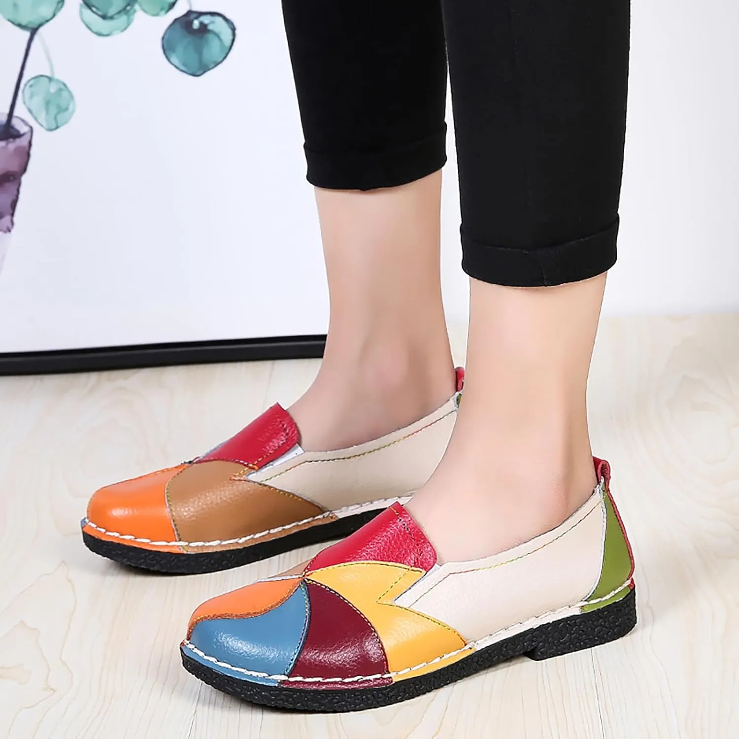 Sunporx Women's Comfortable Loafers Casual Multi Color Patchwork Stitching Leather Loafer Mocasines para Mujer Lady Soft Sole Flat Slip on Driving Walking Shoes