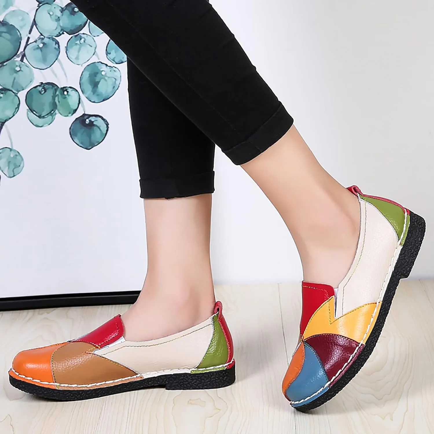 Sunporx Women's Comfortable Loafers Casual Multi Color Patchwork Stitching Leather Loafer Mocasines para Mujer Lady Soft Sole Flat Slip on Driving Walking Shoes