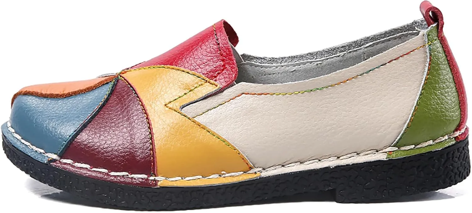 Sunporx Women's Comfortable Loafers Casual Multi Color Patchwork Stitching Leather Loafer Mocasines para Mujer Lady Soft Sole Flat Slip on Driving Walking Shoes