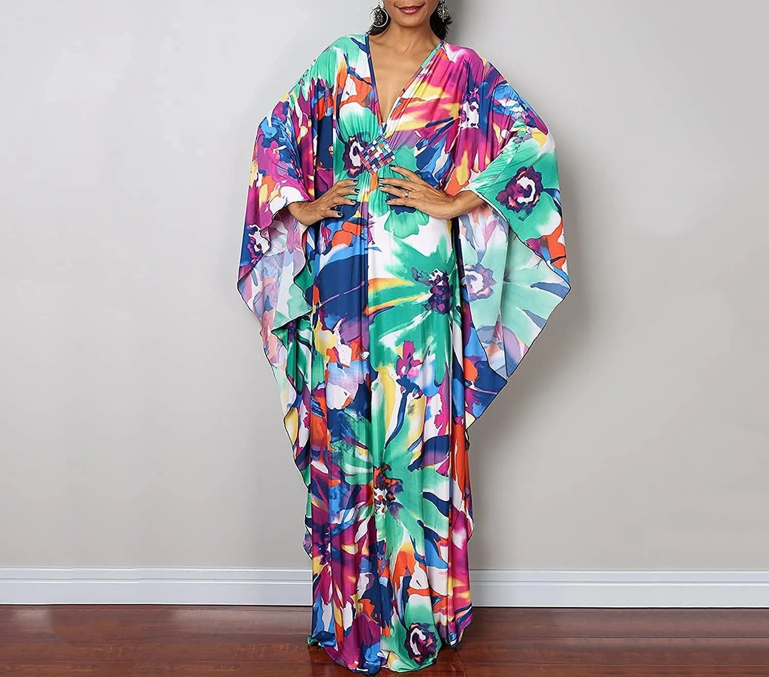 Swimsuit Cover ups Plus Size Caftans Beach Cover Up Maxi Beach Dress Vneck Batwing Sleeve Kaftan Dresses for Women