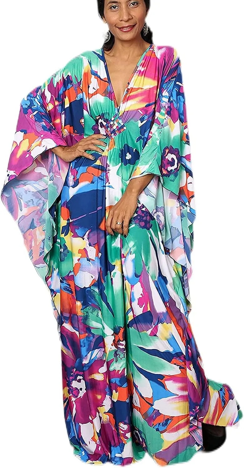 Swimsuit Cover ups Plus Size Caftans Beach Cover Up Maxi Beach Dress Vneck Batwing Sleeve Kaftan Dresses for Women