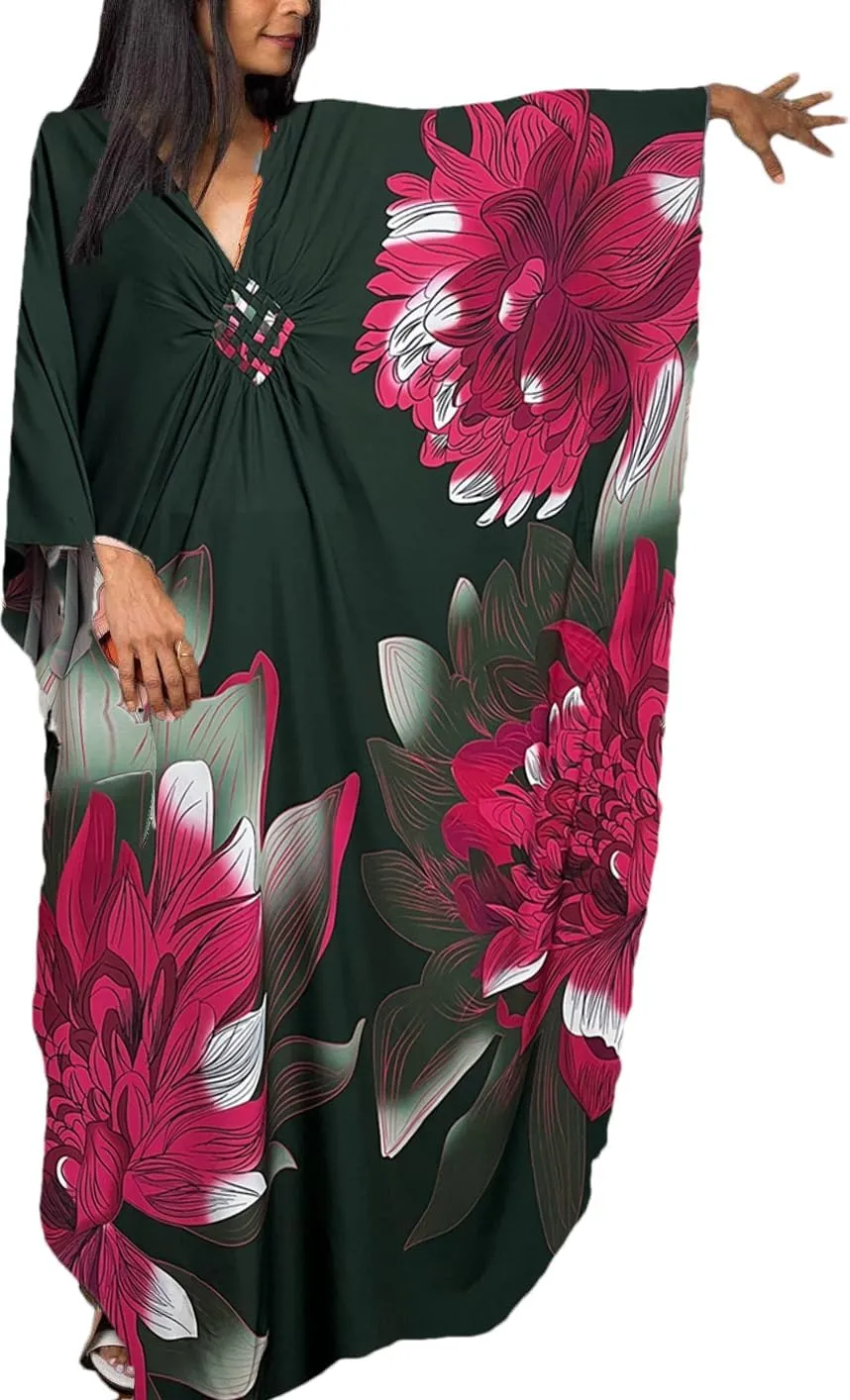 Swimsuit Cover ups Plus Size Caftans Beach Cover Up Maxi Beach Dress Vneck Batwing Sleeve Kaftan Dresses for Women