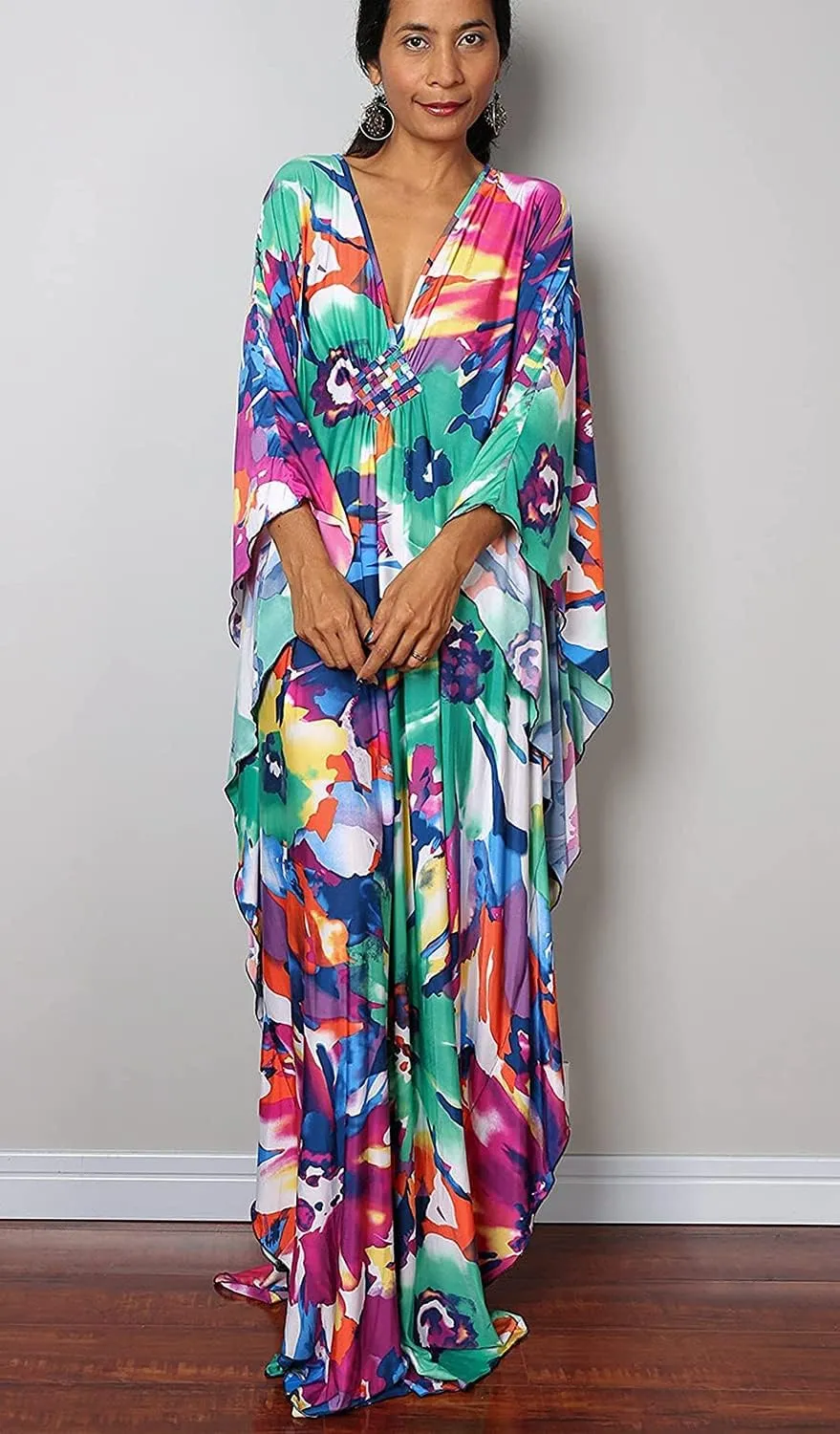 Swimsuit Cover ups Plus Size Caftans Beach Cover Up Maxi Beach Dress Vneck Batwing Sleeve Kaftan Dresses for Women
