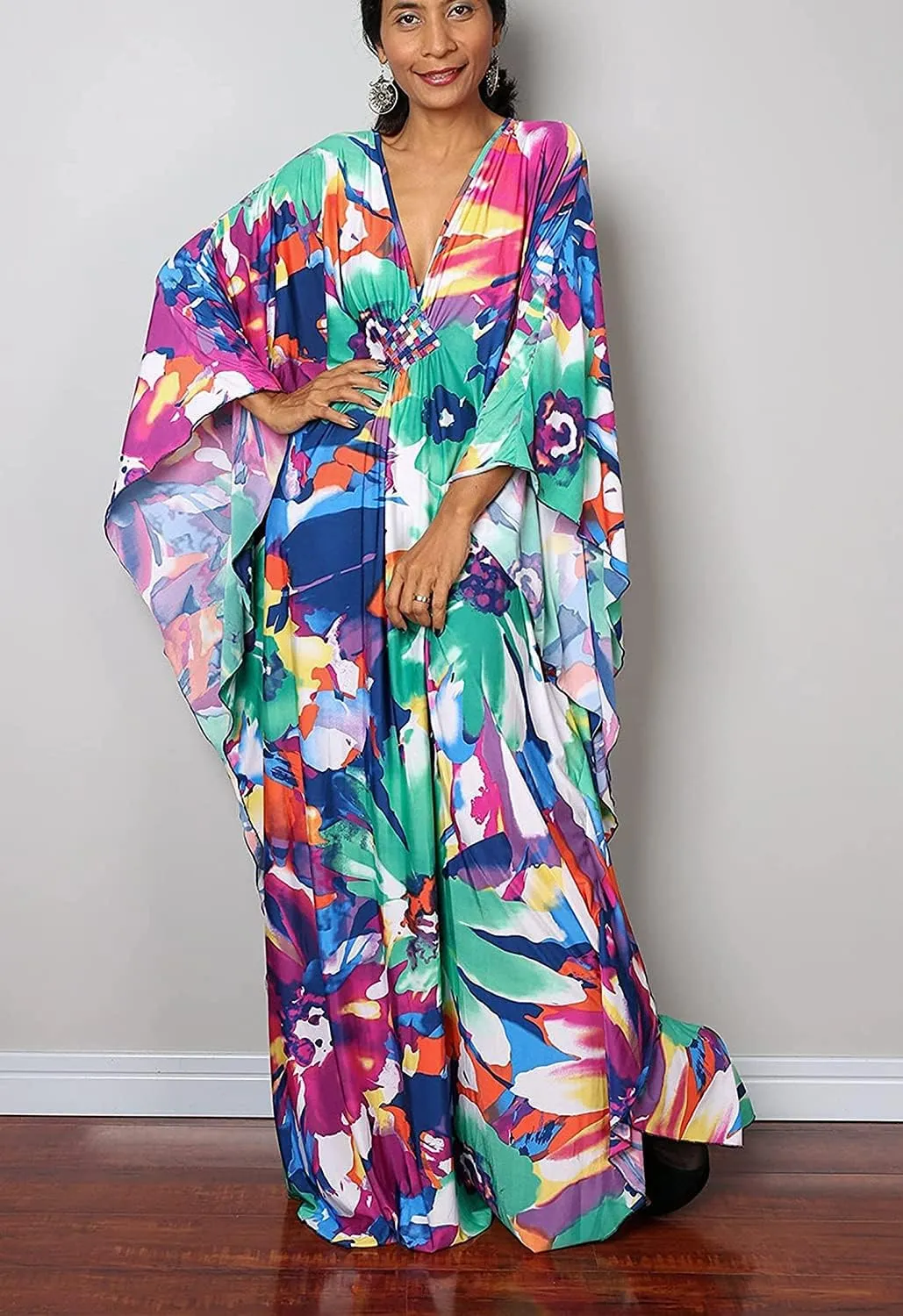 Swimsuit Cover ups Plus Size Caftans Beach Cover Up Maxi Beach Dress Vneck Batwing Sleeve Kaftan Dresses for Women