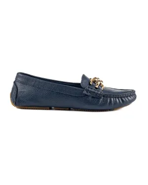T-Chios Women's Navy Genuine Leather Loafer Shoes