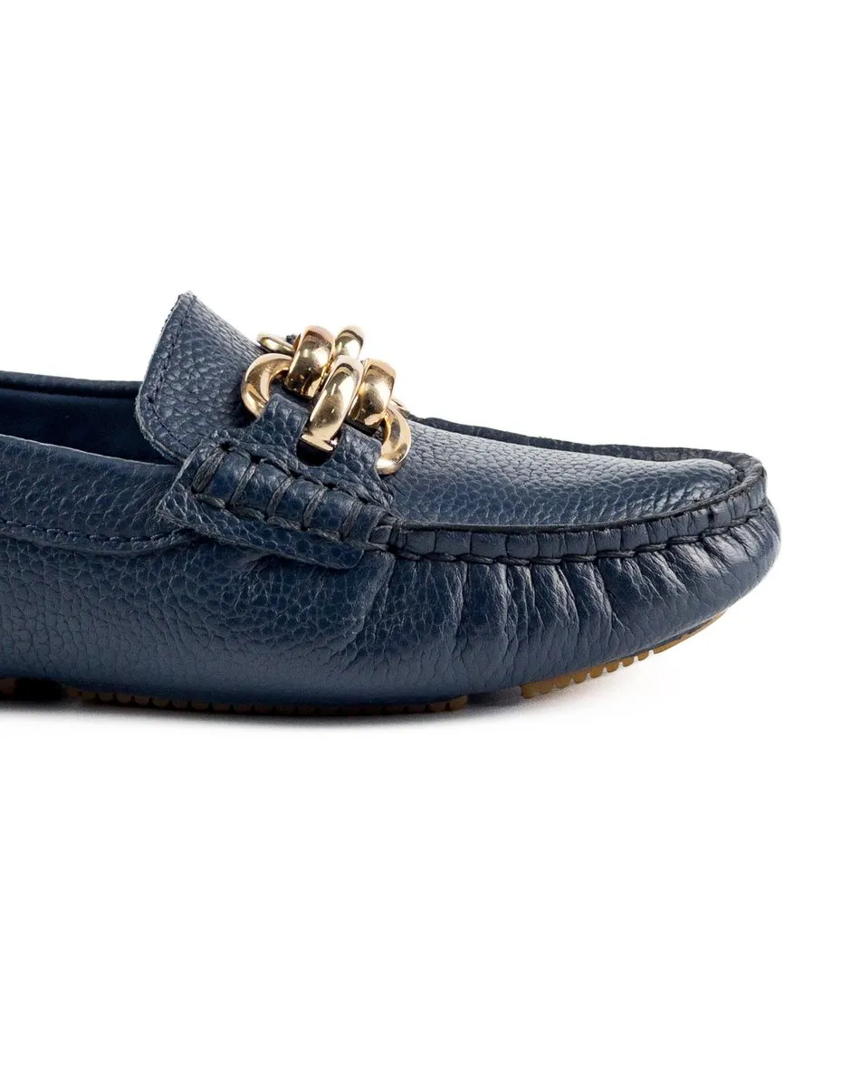 T-Chios Women's Navy Genuine Leather Loafer Shoes