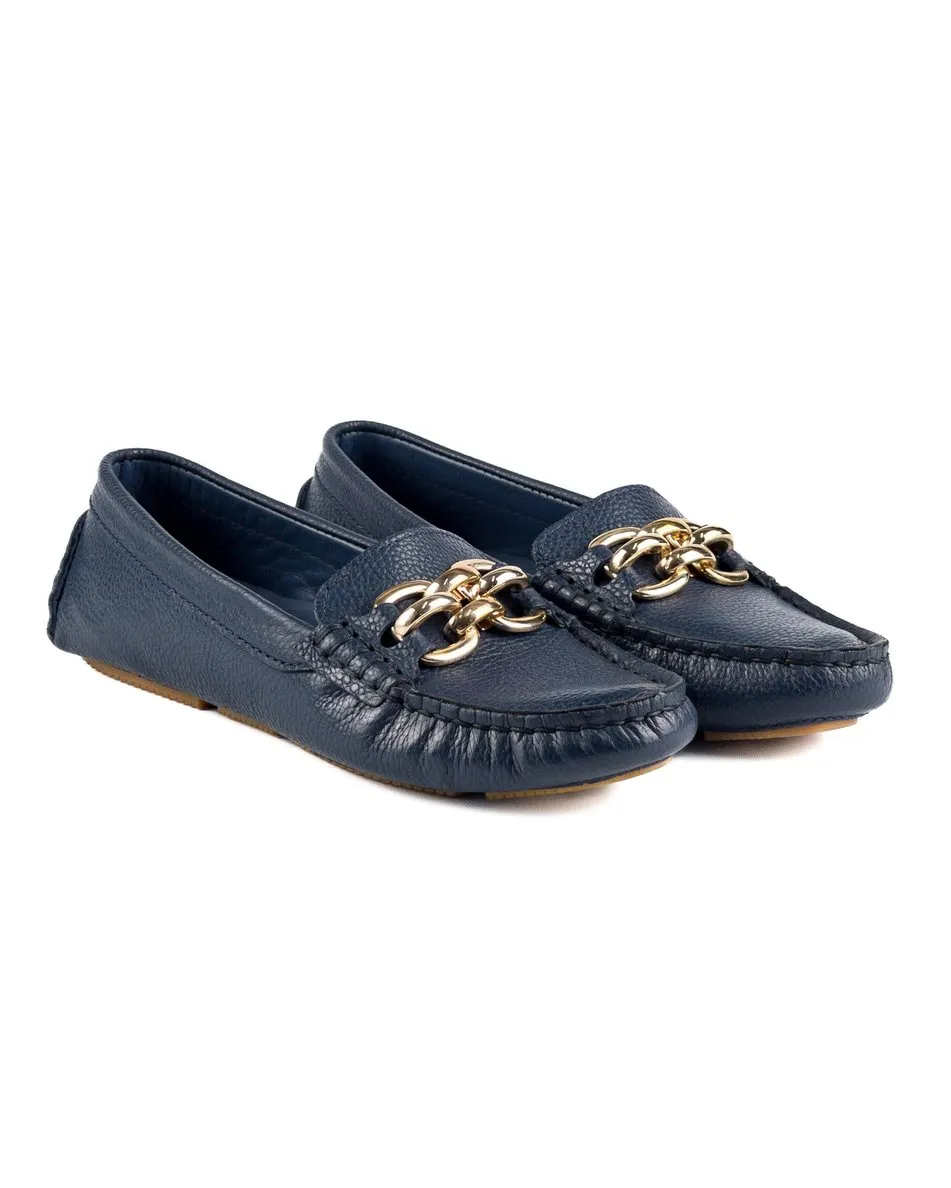 T-Chios Women's Navy Genuine Leather Loafer Shoes