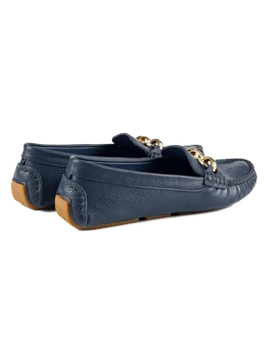 T-Chios Women's Navy Genuine Leather Loafer Shoes