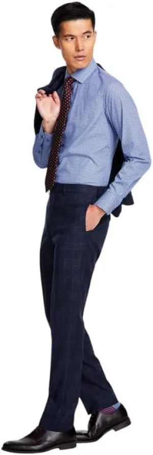 Tallia Men's Slim-Fit Stretch Plaid Suit Pants (Navy/Burgundy, 30Wx30L)