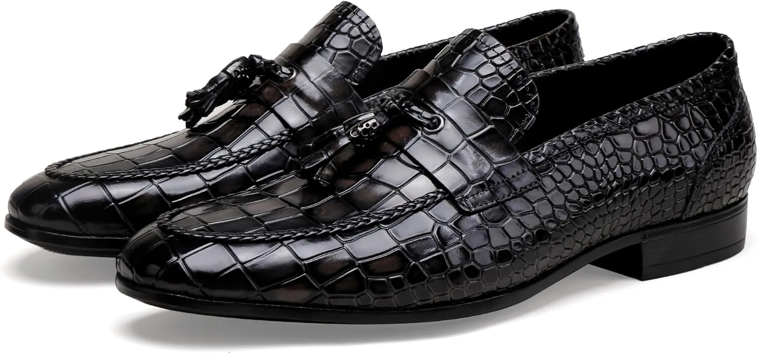 Tassel Loafer for Mens, Casual Crocodile Printed Tassel Dress Shoes Leather Slip-on Penny Loafer for Men