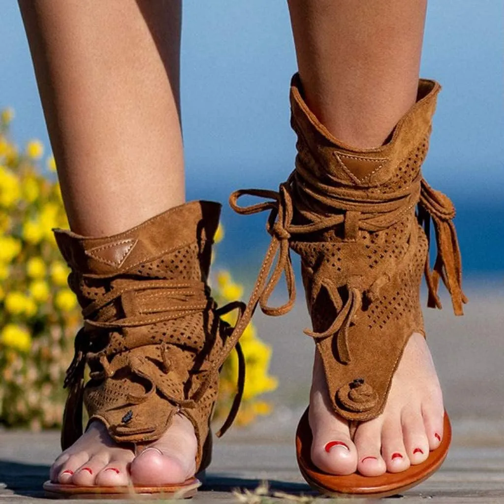 Tassel Sandals for Women, Retro Bohemian Gladiator Fringe Casual Shoes Flat Clip Toe Ankle Boots Beach Sandals T-Strap Roman Open-Toe Sandals