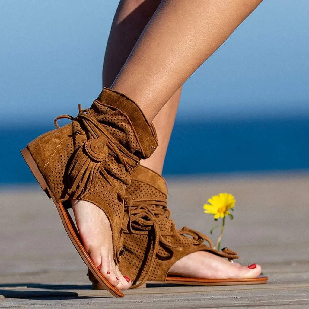 Tassel Sandals for Women, Retro Bohemian Gladiator Fringe Casual Shoes Flat Clip Toe Ankle Boots Beach Sandals T-Strap Roman Open-Toe Sandals