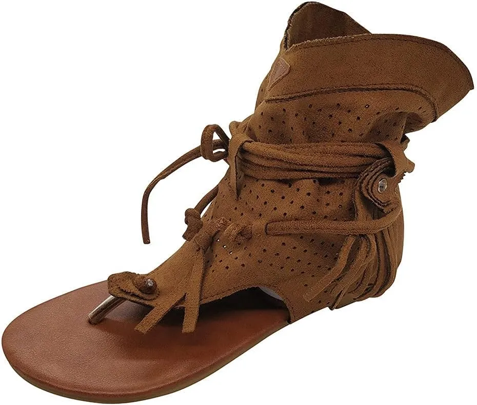 Tassel Sandals for Women, Retro Bohemian Gladiator Fringe Casual Shoes Flat Clip Toe Ankle Boots Beach Sandals T-Strap Roman Open-Toe Sandals
