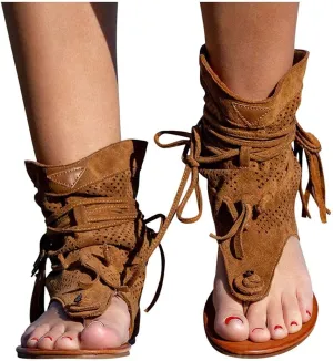 Tassel Sandals for Women, Retro Bohemian Gladiator Fringe Casual Shoes Flat Clip Toe Ankle Boots Beach Sandals T-Strap Roman Open-Toe Sandals