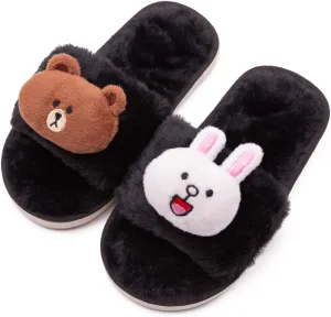 techcity Boys Girls Fuzzy House Slippers Cute Comfy Faux Fur Slip On Fluffy Plush Open Toe Home Slides for Kids Indoor Outdoor Warm Shoes