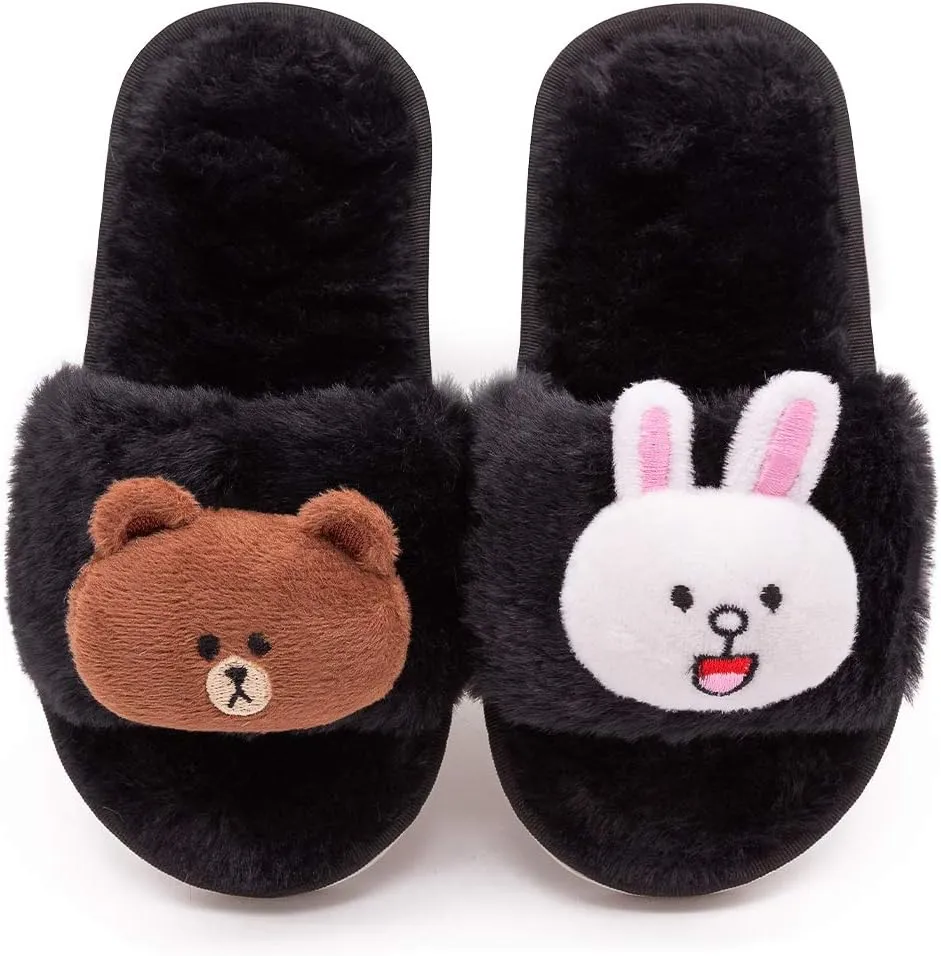 techcity Boys Girls Fuzzy House Slippers Cute Comfy Faux Fur Slip On Fluffy Plush Open Toe Home Slides for Kids Indoor Outdoor Warm Shoes