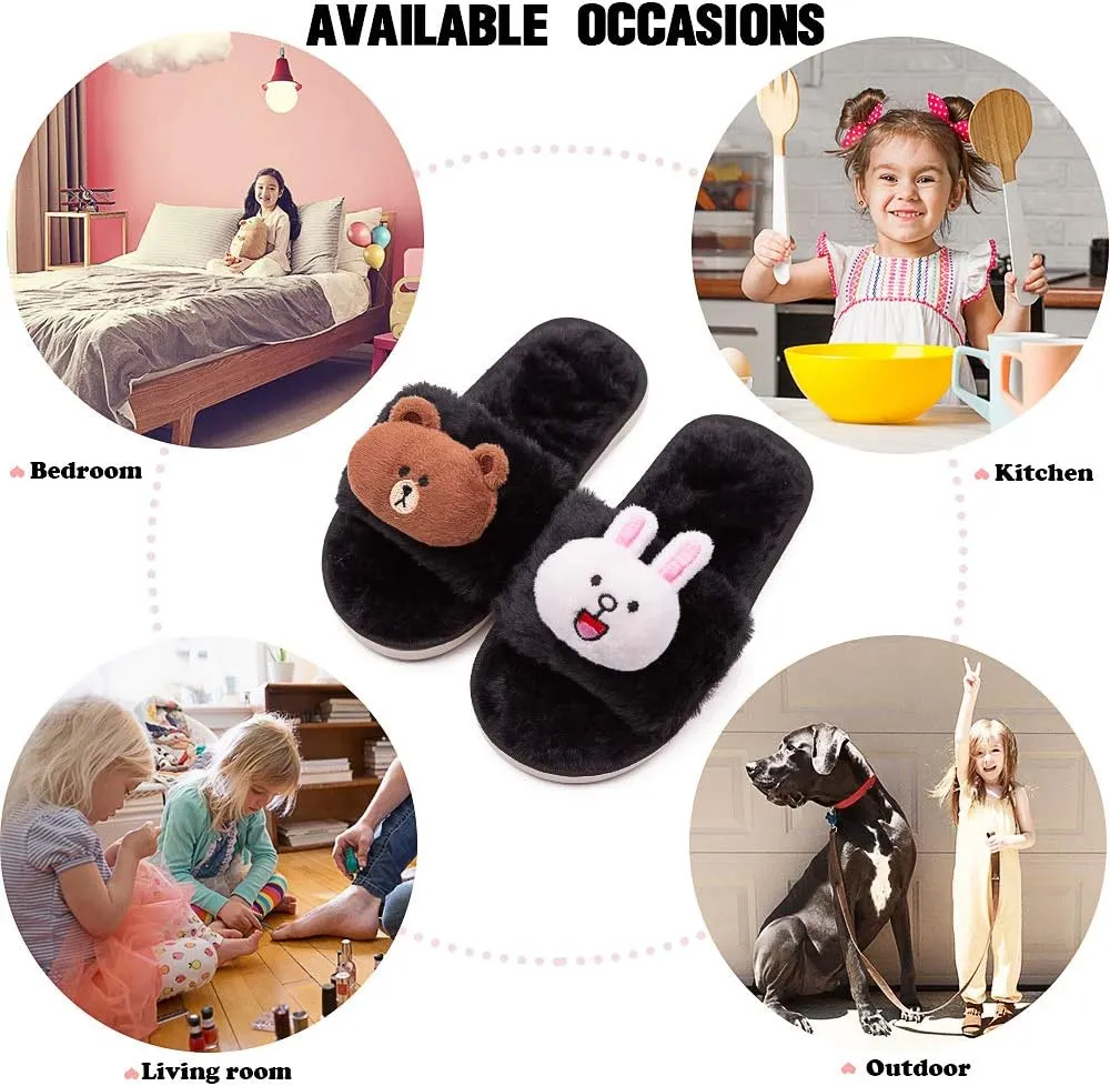 techcity Boys Girls Fuzzy House Slippers Cute Comfy Faux Fur Slip On Fluffy Plush Open Toe Home Slides for Kids Indoor Outdoor Warm Shoes