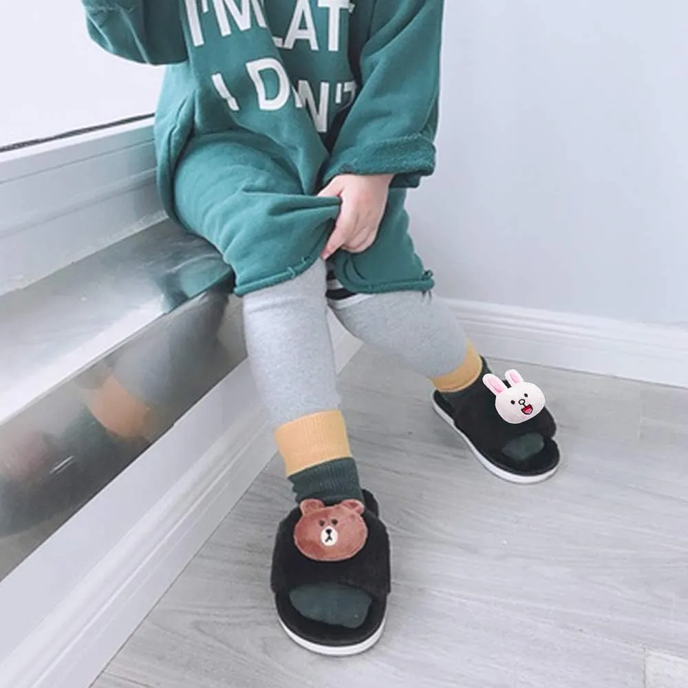 techcity Boys Girls Fuzzy House Slippers Cute Comfy Faux Fur Slip On Fluffy Plush Open Toe Home Slides for Kids Indoor Outdoor Warm Shoes