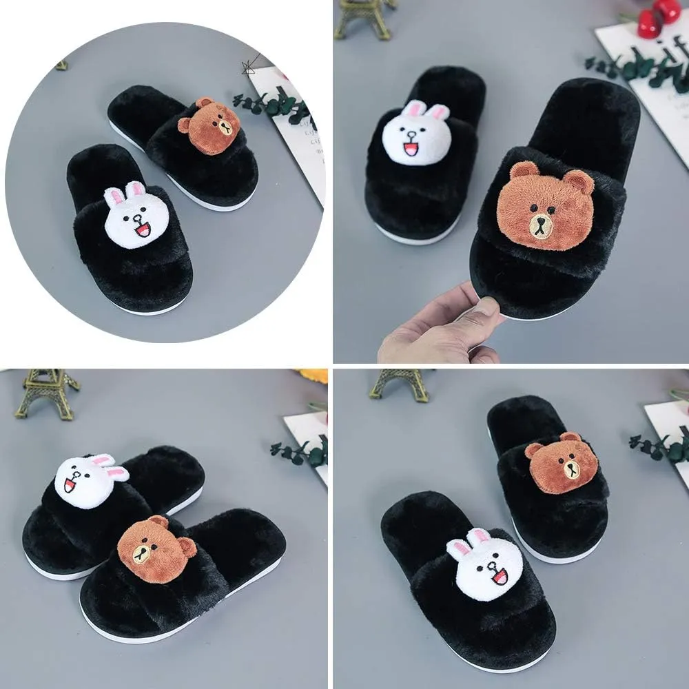 techcity Boys Girls Fuzzy House Slippers Cute Comfy Faux Fur Slip On Fluffy Plush Open Toe Home Slides for Kids Indoor Outdoor Warm Shoes