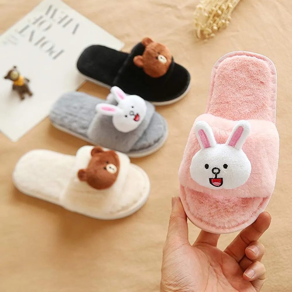 techcity Boys Girls Fuzzy House Slippers Cute Comfy Faux Fur Slip On Fluffy Plush Open Toe Home Slides for Kids Indoor Outdoor Warm Shoes
