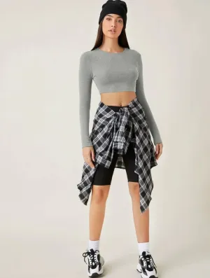 Teen Solid H Grey Slim Fitted Crop Top