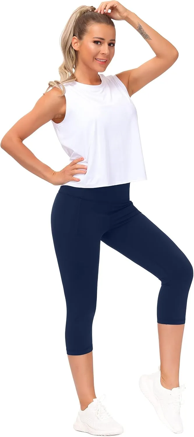THE GYM PEOPLE Tummy Control Workout Capris Leggings with Pockets High Waist Athletic Yoga Pants for Women Running Hiking